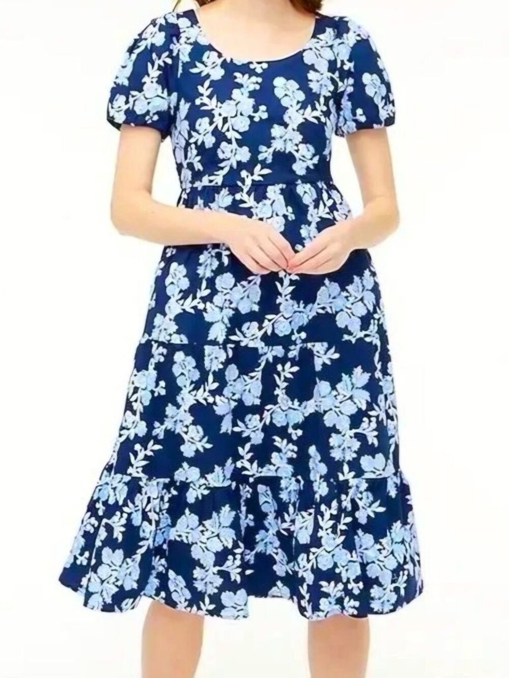 J.Crew Tiered Poplin Puff Sleeve Midi Dress 2023 Pockets Navy Floral Size 14